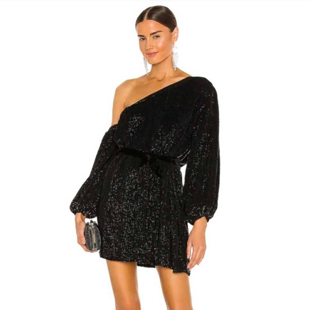 Retrofete Black Sequin One-Shoulder Mini Dress